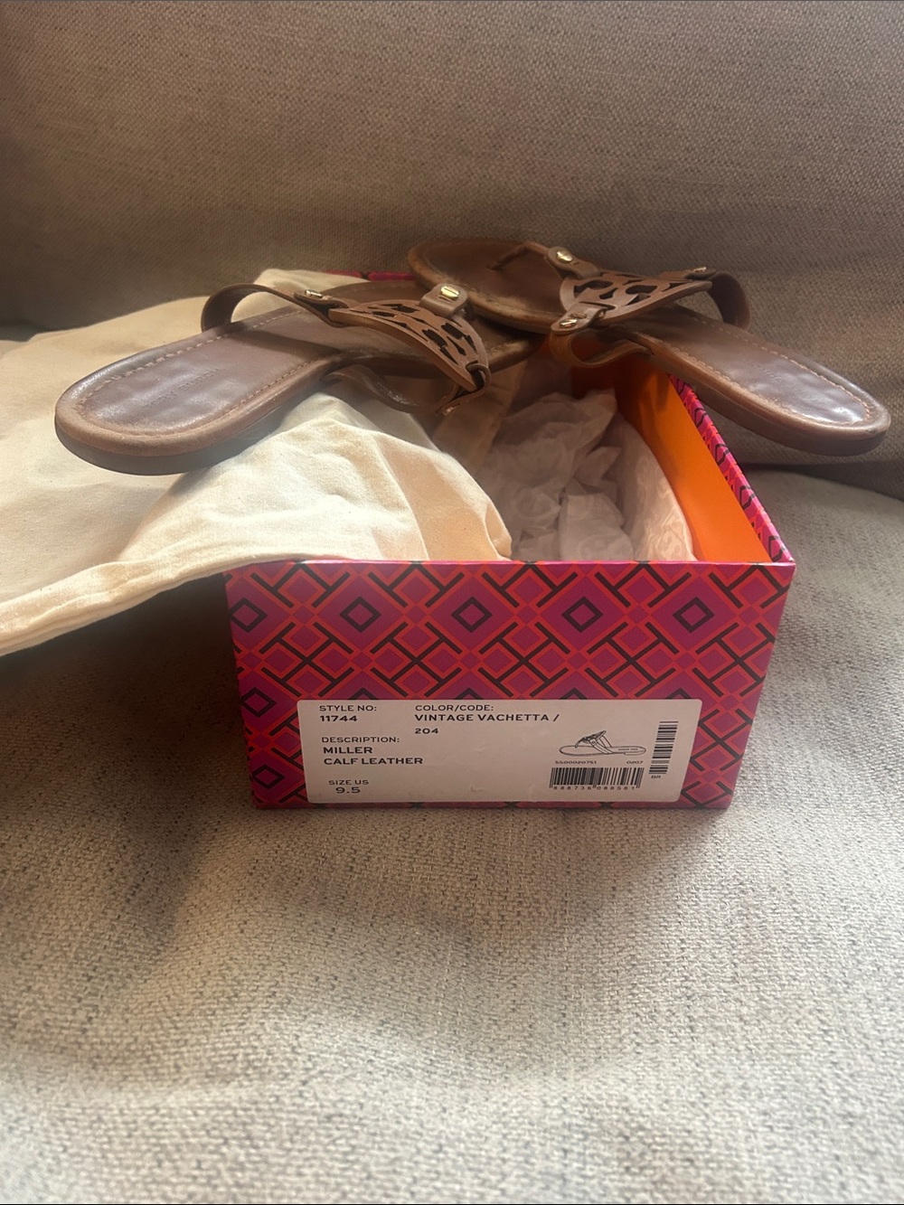 Tory Burch Tan Brown Leather Logo Thong Sandals with box
